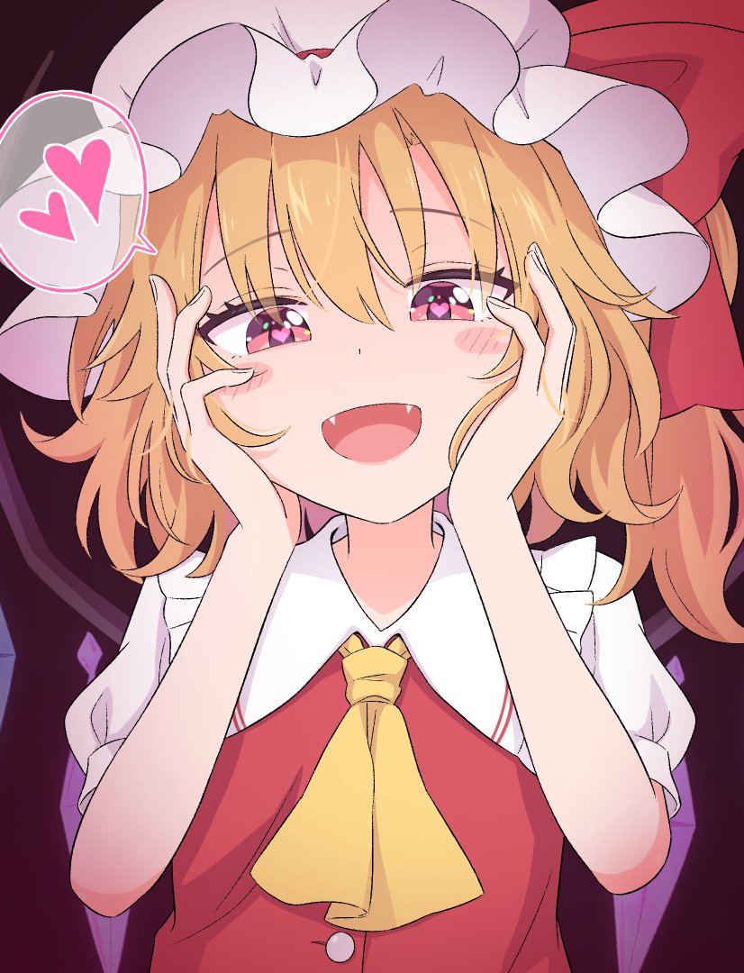 1girl ascot bangs blonde_hair blush bow brown_background buttons collared_shirt commentary commentary_request crystal dress eyebrows_visible_through_hair eyes_visible_through_hair fang fangs flandre_scarlet hair_between_eyes hands_on_own_cheeks hands_on_own_face hands_up haruki_reimari hat hat_ribbon heart heart-shaped_pupils jewelry looking_at_viewer mob_cap multicolored_wings one_side_up open_mouth pink_eyes pink_heart puffy_short_sleeves puffy_sleeves red_background red_bow red_dress red_eyes red_ribbon ribbon shirt short_hair short_sleeves simple_background smile solo symbol-shaped_pupils tongue touhou vampire white_headwear white_shirt wings yandere_trance yellow_ascot