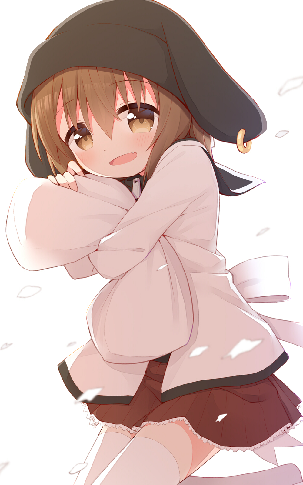 1girl :d animal_ears animal_hat ayanepuna bangs black_headwear blush brown_eyes brown_hair brown_skirt commentary_request eyebrows_visible_through_hair fake_animal_ears fang floppy_ears hair_between_eyes hat highres jacket looking_at_viewer mei_(ayanepuna) object_hug original pillow pillow_hug pleated_skirt romaji_commentary simple_background skirt smile solo thigh-highs white_background white_jacket white_legwear