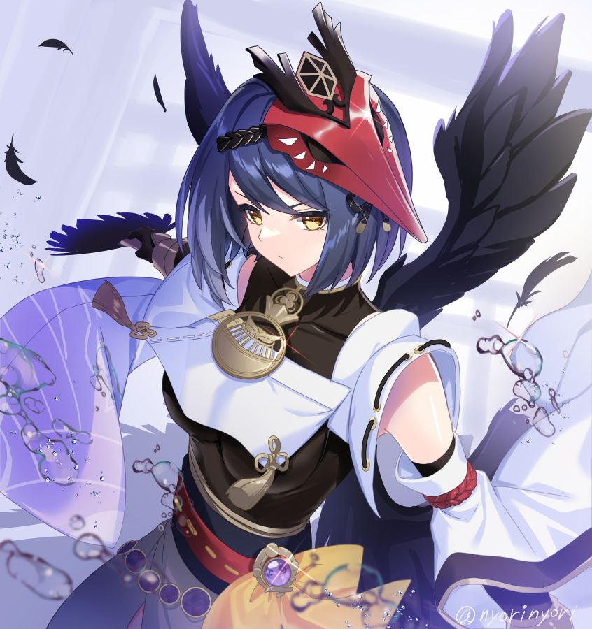 1girl arm_up armpits bird_mask bird_wings black_bodysuit black_feathers black_hair black_wings bodysuit breast_curtain closed_mouth collarbone commentary_request feathered_wings feathers genshin_impact hand_fan hauchiwa holding holding_fan japanese_clothes jewelry kujou_sara long_sleeves looking_at_viewer mask mask_on_head necklace nyori ribbon_trim sash short_hair solo sparkle twitter_username upper_body vision_(genshin_impact) water_drop white_sleeves wide_sleeves wings wrist_guards yellow_eyes yellow_sash