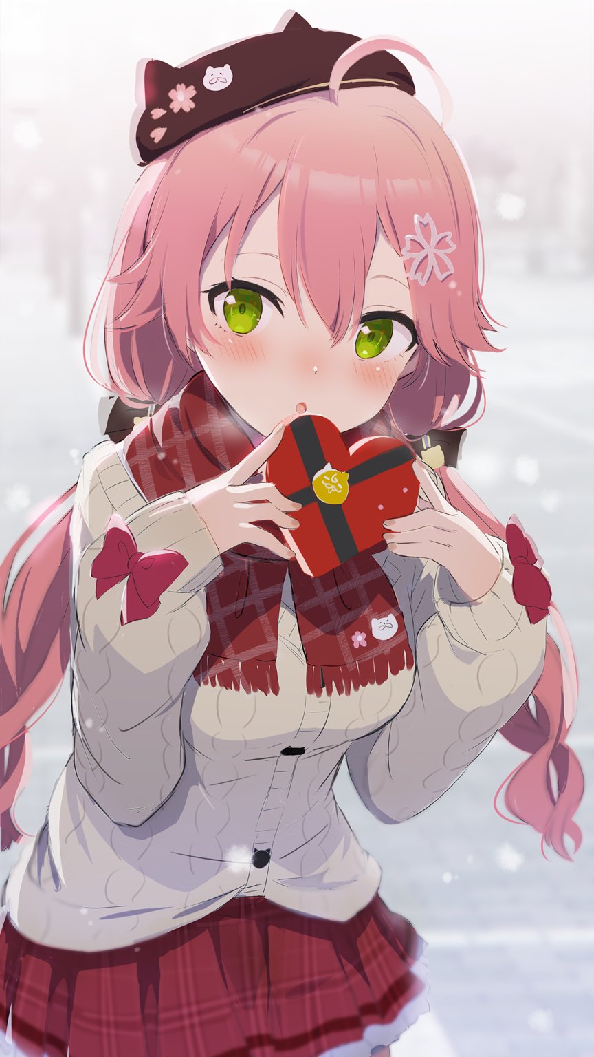 1girl :o ahoge bangs beige_sweater blurry blurry_background blush bow brown_headwear candy cherry_blossom_print cherry_hair_ornament chocolate cowboy_shot floral_print food food-themed_hair_ornament gotyou green_eyes hair_between_eyes hair_ornament hat heart heart-shaped_chocolate highres holding holding_chocolate holding_food hololive long_hair long_sleeves looking_at_viewer miniskirt nail_polish outdoors pink_bow pink_hair pink_nails plaid plaid_scarf plaid_skirt pleated_skirt red_scarf red_skirt sakura_miko scarf skirt snow snowing solo steam twintails valentine very_long_hair virtual_youtuber
