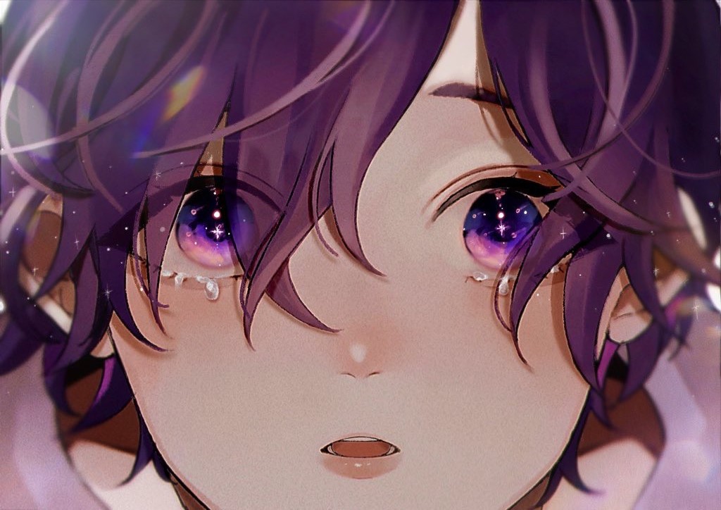 1boy blush crying looking_at_viewer male_focus nijisanji nijisanji_en pale_skin purple_hair ririco_(scorpion1315_) solo star_(symbol) tearing_up uki_violeta violet_eyes