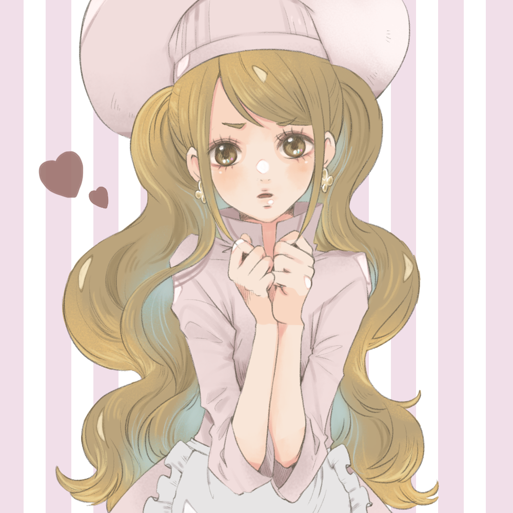 1girl bangs brown_eyes brown_hair charlotte_pudding chef_hat chef_uniform earrings hat heart hidden_eyes hiyo_(1571624) jewelry long_hair one_piece solo striped striped_background twintails wavy_hair