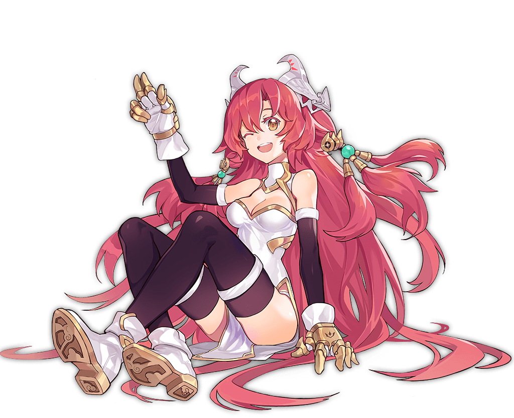 1girl :d ;d ark_order artist_request bangs bare_shoulders black_legwear boots breasts detached_sleeves dress full_body gauntlets gloves horns knees_up large_breasts long_hair looking_at_viewer official_art one_eye_closed open_mouth orange_eyes qilin_(ark_order) redhead side_slit sitting smile solo tachi-e thigh-highs transparent_background very_long_hair w white_dress white_footwear white_gloves