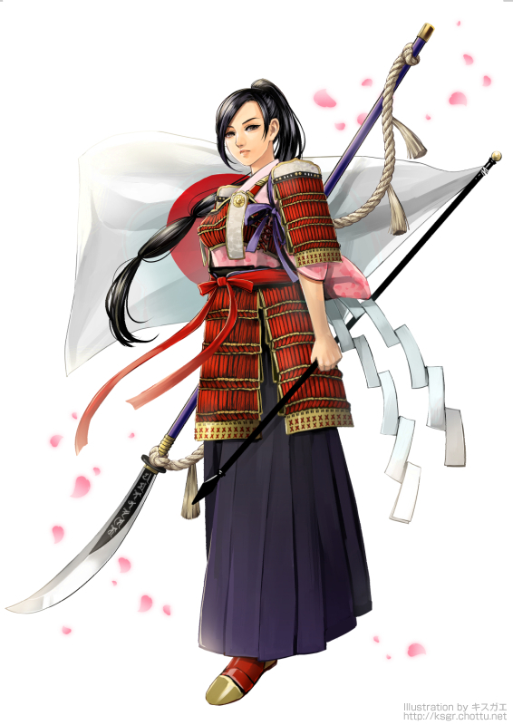 1girl armor black_hair cherry_blossoms flag holding holding_flag holding_weapon japanese_armor japanese_flag kisugae long_hair original petals polearm ponytail red_armor red_ribbon ribbon rope samurai signature translation_request weapon web_address white_background white_rope