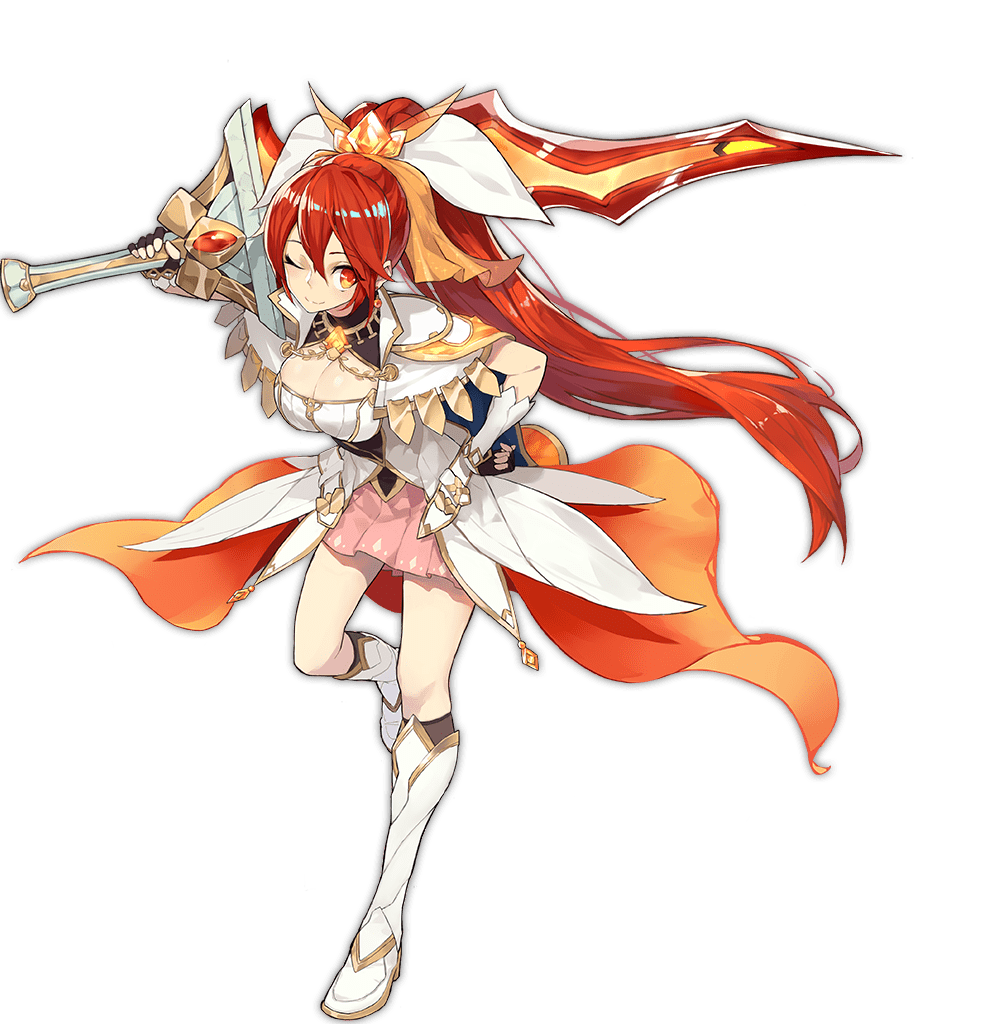 1girl ark_order armored_boots bangs black_cape black_gloves black_legwear boots bow breasts cape dress fingerless_gloves fire_hair_ornament full_body gloves hair_bow hand_on_hip high_ponytail holding holding_sword holding_weapon k_suke_(weibo) kneehighs large_breasts long_hair looking_at_viewer official_art one_eye_closed pink_skirt prometheus_(ark_order) red_eyes redhead skirt smile solo sword tachi-e transparent_background very_long_hair weapon white_bow white_footwear
