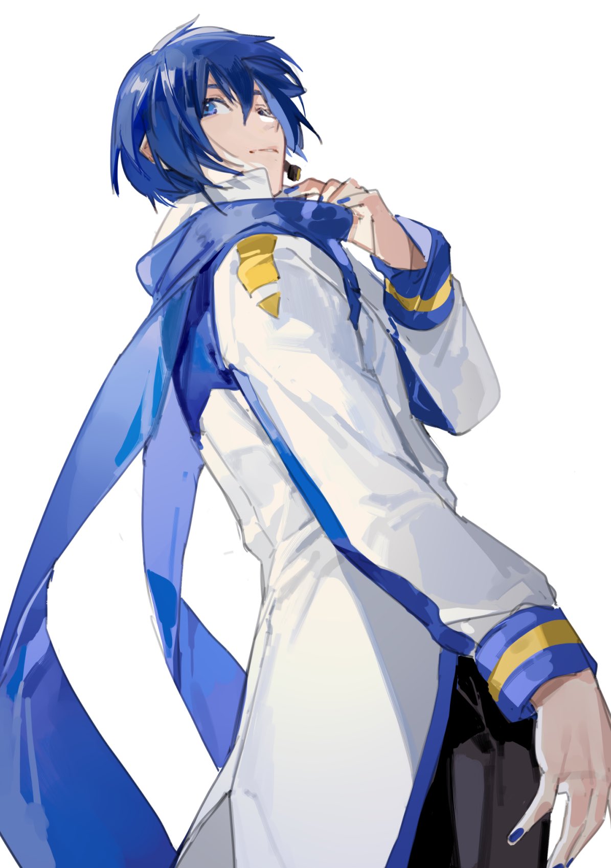 1boy blue_eyes blue_hair bokyo coat from_below highres kaito_(vocaloid) kaito_(vocaloid3) long_sleeves looking_at_viewer male_focus scarf solo vocaloid
