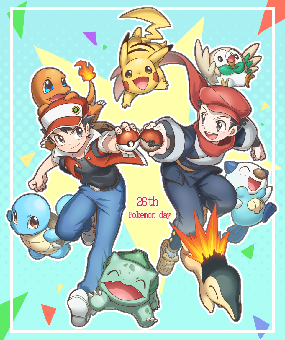 2boys :d backpack bag bangs belt belt_buckle black_hair black_shirt blue_pants brown_bag brown_footwear buckle bulbasaur buttons charmander closed_mouth commentary_request cyndaquil fire floating_scarf framed grey_eyes grey_jacket grey_pants hat holding holding_poke_ball jacket male_focus multiple_boys nagi_(exsit00) on_head open_clothes open_jacket open_mouth oshawott pants pikachu poke_ball poke_ball_(basic) poke_ball_(legends) pokemon pokemon_(creature) pokemon_(game) pokemon_legends:_arceus pokemon_on_head pokemon_rgby red_(pokemon) red_headwear red_scarf rei_(pokemon) rowlet scarf shirt shoes short_hair short_sleeves smile spiky_hair squirtle teeth tongue upper_teeth