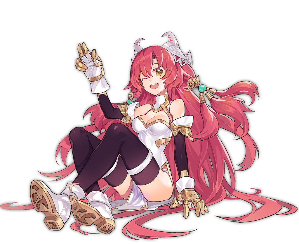 1girl :d ;d ark_order artist_request bangs bare_shoulders black_legwear boots breasts detached_sleeves dress full_body gauntlets gloves horns knees_up large_breasts long_hair looking_at_viewer official_art one_eye_closed open_mouth orange_eyes qilin_(ark_order) redhead side_slit sitting smile solo tachi-e thigh-highs transparent_background very_long_hair w white_dress white_footwear white_gloves
