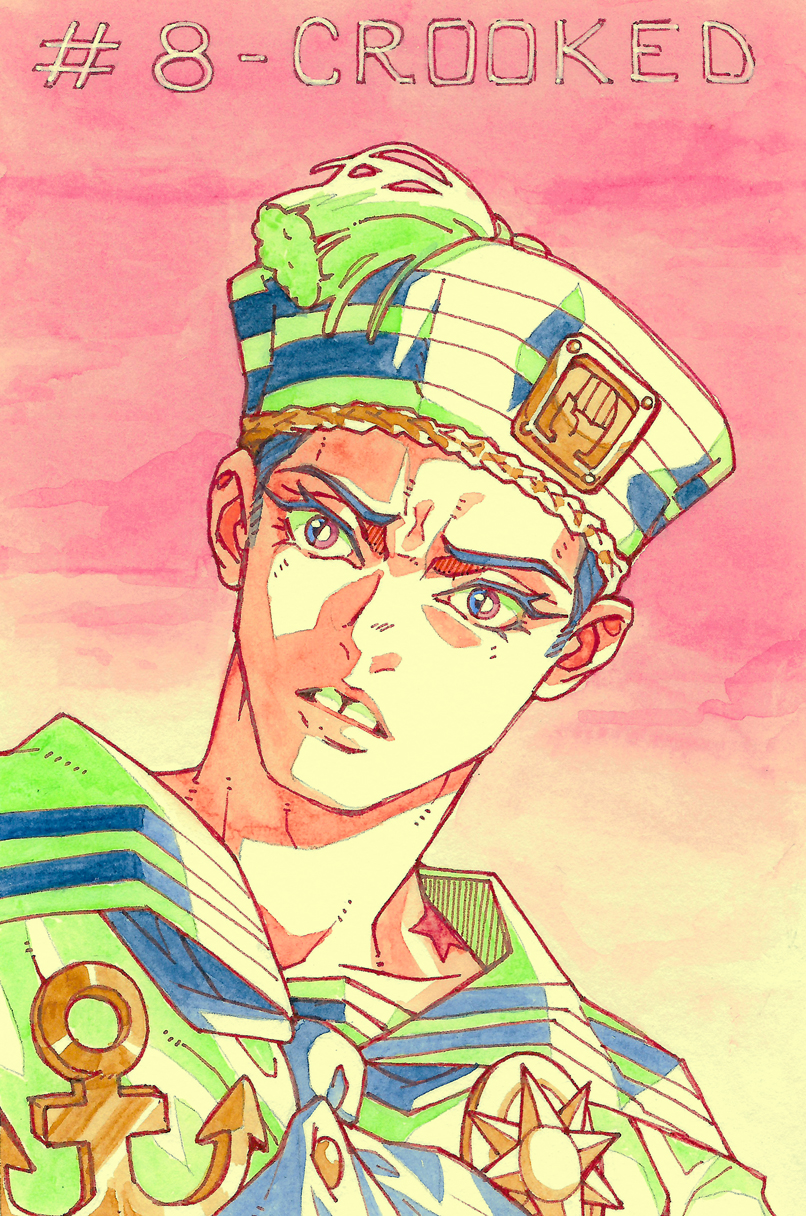 1boy adachi_ruri anchor_ornament birthmark dixie_cup_hat hat higashikata_josuke_(jojolion) highres ink_(medium) inktober joestar_birthmark jojo_no_kimyou_na_bouken jojolion male_focus military_hat painting_(medium) sailor solo tooth_gap traditional_media watercolor_(medium)