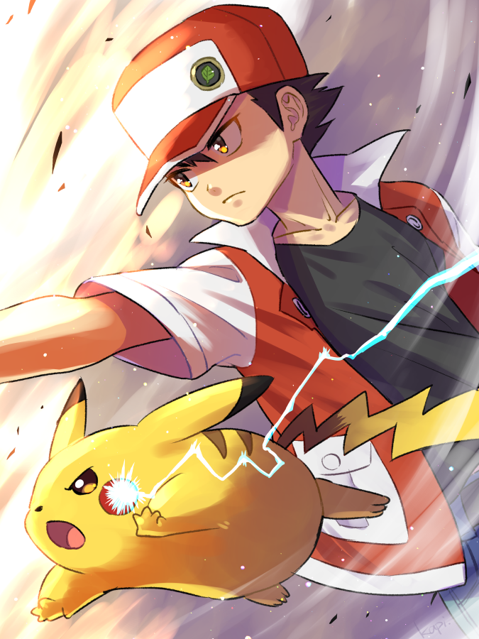 1boy afglo bangs black_hair black_shirt brown_eyes closed_mouth collarbone commentary_request electricity frown hat jacket male_focus open_clothes open_jacket outstretched_arm pikachu pokemon pokemon_(creature) pokemon_(game) pokemon_rgby red_(pokemon) red_headwear red_jacket shirt short_hair short_sleeves