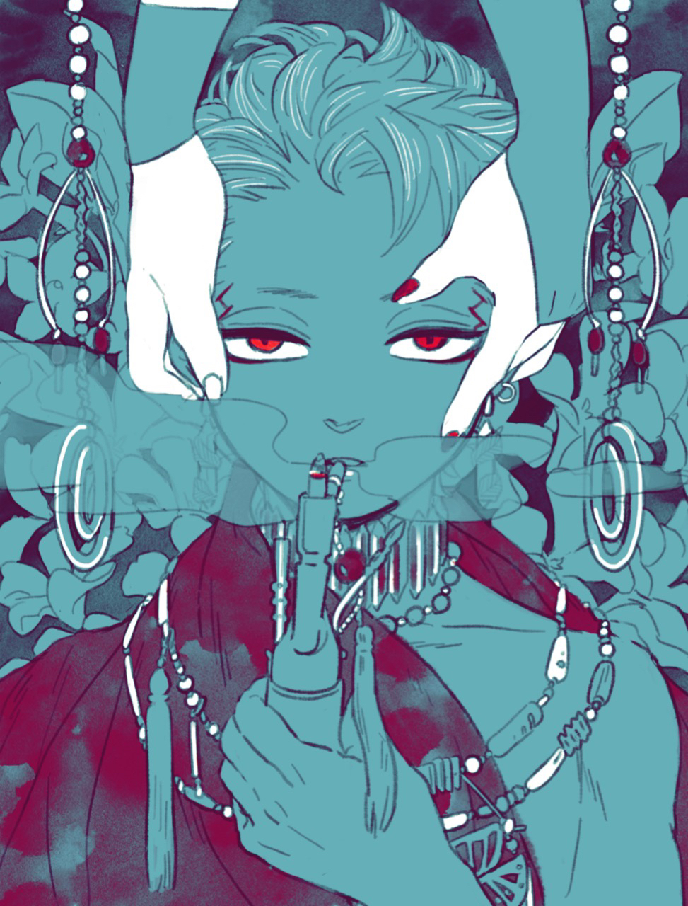 1boy beads blue_theme choker earrings facial_mark hands_on_another's_face highres holding jewelry limited_palette looking_at_viewer necklace original out_of_frame parted_lips single_bare_shoulder smoke smoking so_co_db solo_focus straight-on