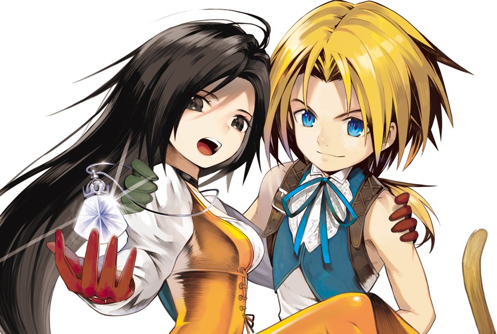 1boy 1girl black_hair blonde_hair blue_eyes bodysuit breasts closed_mouth final_fantasy final_fantasy_ix garnet_til_alexandros_xvii gloves jewelry long_hair looking_at_viewer monkey_tail open_mouth simple_background smile tail tokiti white_background zidane_tribal