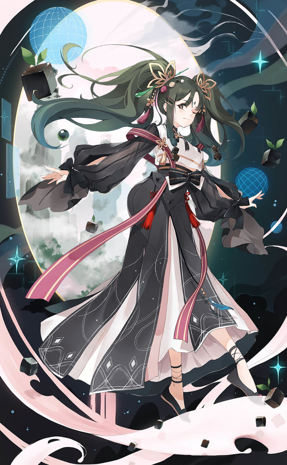 1girl black_hair food_fantasy full_body grass_jelly_(food_fantasy) grey_eyes grey_hair highres long_hair looking_at_viewer markings official_art one_eye_closed pale_skin second-party_source solo tattoo twintails