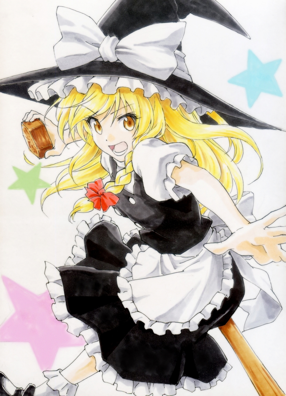 1girl apron beluo77 black_footwear black_headwear black_skirt blonde_hair bobby_socks bow braid breasts broom broom_riding buttons commentary feet_out_of_frame frilled_apron frilled_hat frilled_skirt frills hair_bow hat hat_bow highres holding kirisame_marisa long_hair mary_janes mini-hakkero open_mouth outstretched_arms puffy_short_sleeves puffy_sleeves red_bow shirt shoes short_sleeves side_braid simple_background single_braid skirt small_breasts socks star_(symbol) touhou traditional_media turtleneck v-shaped_eyebrows very_long_hair waist_apron white_apron white_background white_bow white_legwear white_shirt witch witch_hat yellow_eyes