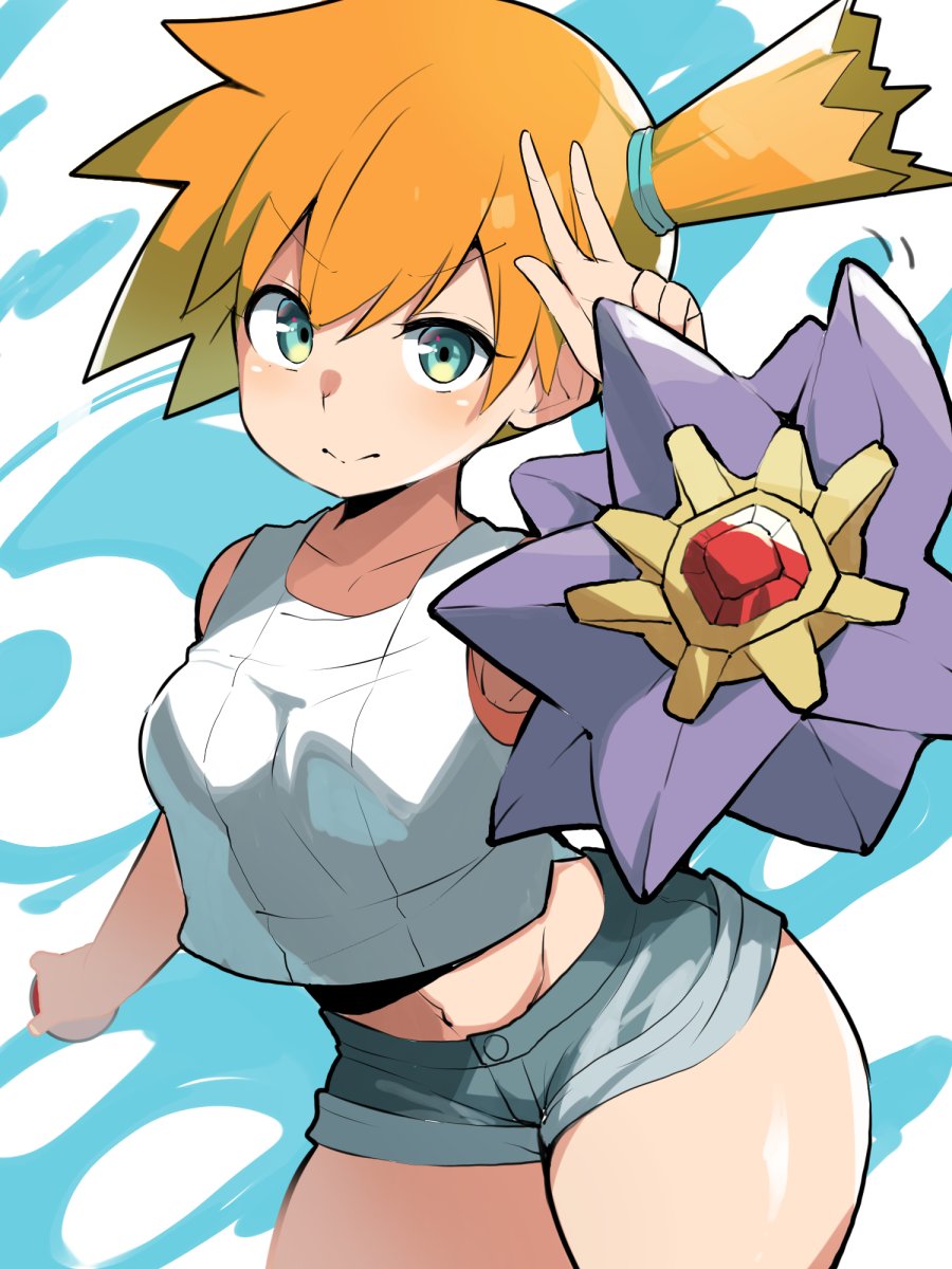 1girl aqua_eyes asymmetrical_hair breasts denim denim_shorts hair_between_eyes hair_tie highres huge_breasts large_breasts medium_breasts misty_(pokemon) mituyota_76 navel nintendo orange_hair pokemon pokemon_(game) pokemon_lgpe ponytail shirt short_hair shorts side_ponytail smile solo standing starmie tank_top thigh-highs thighs tied_hair white_shirt