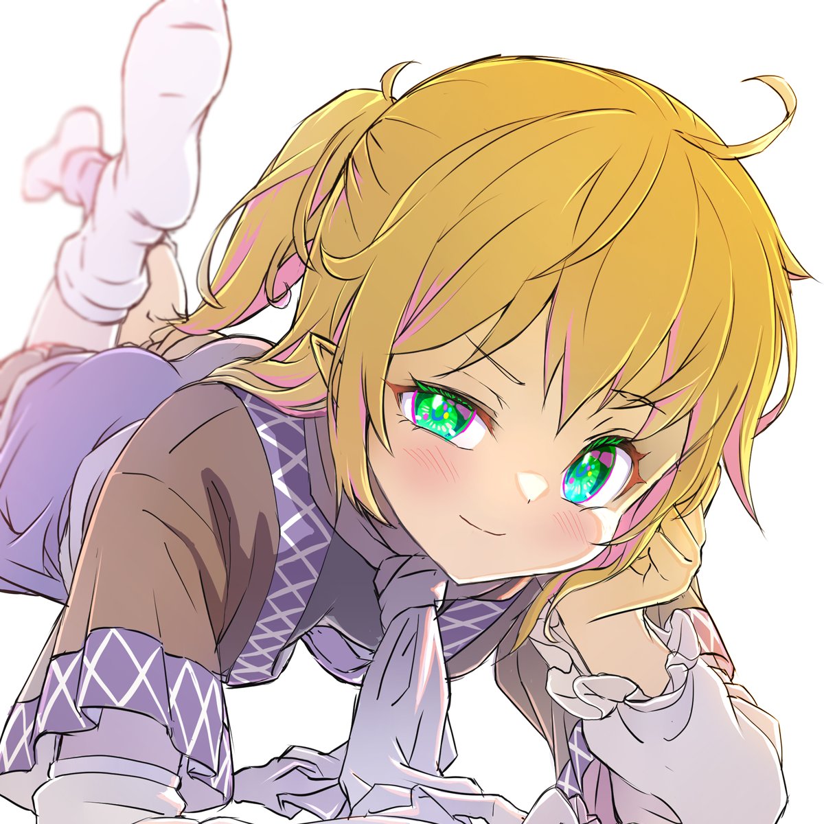 1girl ahoge arm_warmers ass bangs blonde_hair bloom blurry bobby_socks closed_mouth depth_of_field eyebrows_visible_through_hair feet_up green_eyes half_updo hand_on_own_cheek hand_on_own_face head_rest highres light_blush looking_at_viewer lying medium_hair mizuhashi_parsee on_stomach perspective shiroi_karasu simple_background smile socks solo touhou uneven_eyes white_background white_legwear