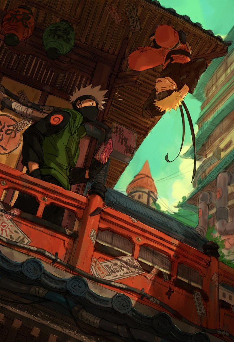 006_wa architecture blonde_hair blue_sky book ceiling closed_eyes east_asian_architecture fingerless_gloves flak_jacket forehead_protector from_below gloves grey_hair hand_in_pocket hanging_from_ceiling hatake_kakashi holding holding_book jacket looking_up mask mouth_mask naruto naruto_(series) ninja_mask open_mouth outdoors railing sky tabi translation_request uzumaki_naruto