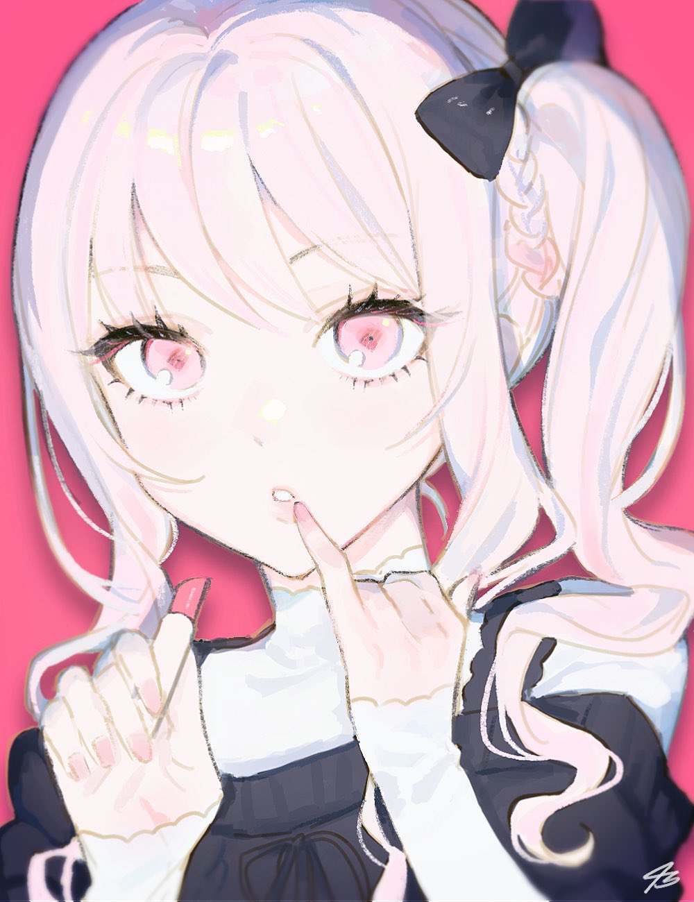 1other 43_pon akiyama_mizuki bangs black_bow blurry bow braid cosmetics depth_of_field drop_shadow eyebrows_visible_through_hair eyelashes finger_to_mouth french_braid hair_bow hands_up highres light_blush lips lipstick lipstick_tube long_hair looking_at_viewer makeup nail_polish parted_lips pink_background pink_eyes pink_nails pinky_out portrait project_sekai side_ponytail sidelocks simple_background solo teeth