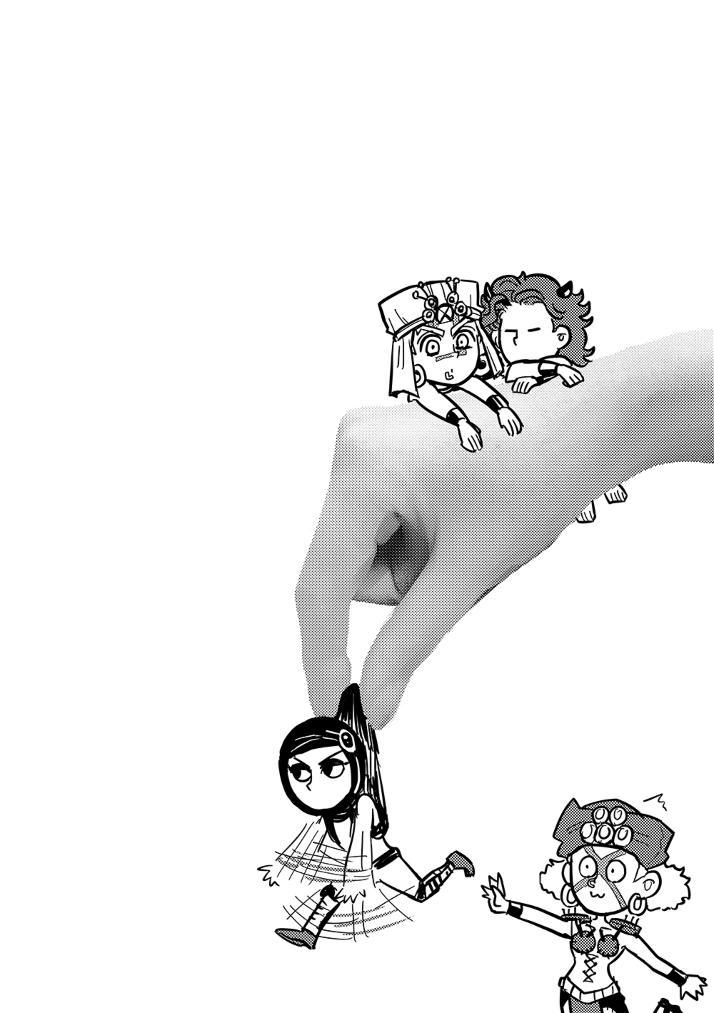 4boys :3 battle_tendency chibi chocoblood esidisi greyscale halftone hands hat head_scarf highres horns jojo_no_kimyou_na_bouken kars_(jojo) miniboy monochrome multiple_boys photo_background picking_up santana_(jojo) wamuu