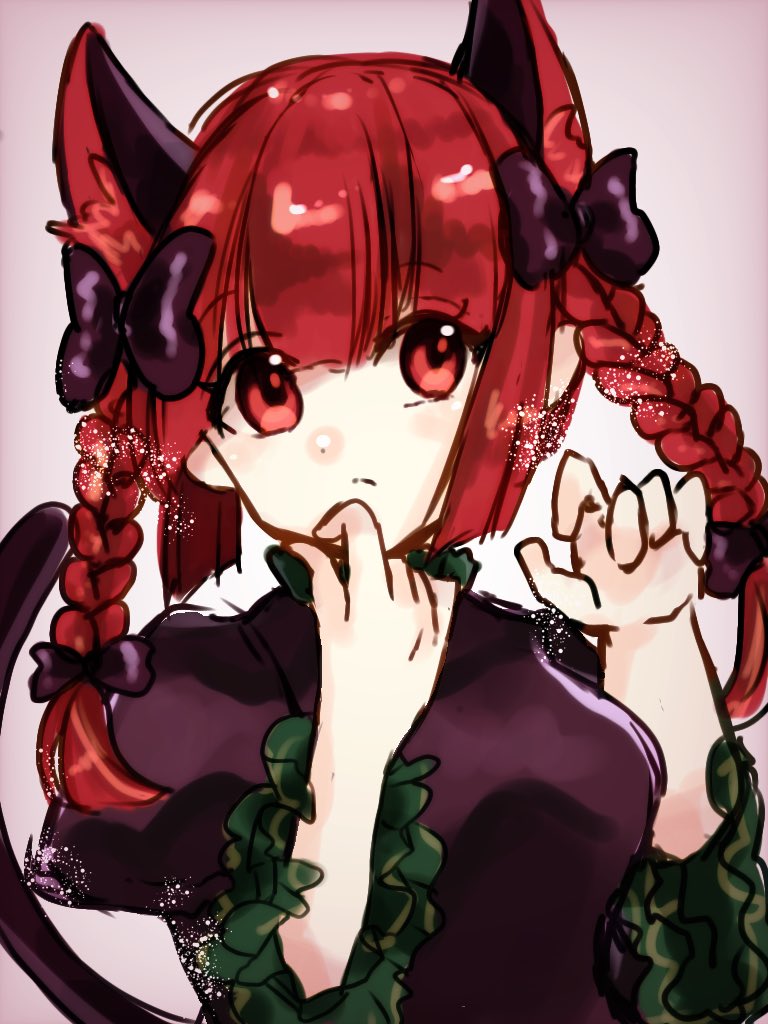 1girl animal_ear_fluff animal_ears bangs black_bow blunt_bangs blush bow braid breasts cat_ears cat_tail closed_mouth dress expressionless extra_ears eyebrows_visible_through_hair finger_to_own_chin frills grey_background grey_dress hair_bow hair_ribbon hands_up juliet_sleeves kaenbyou_rin kanau_(hiiragi-sei) long_hair long_sleeves looking_at_viewer medium_breasts multiple_tails nekomata nose_blush pointy_ears puffy_sleeves red_eyes redhead ribbon simple_background solo tail touhou tress_ribbon twin_braids twintails two_tails upper_body