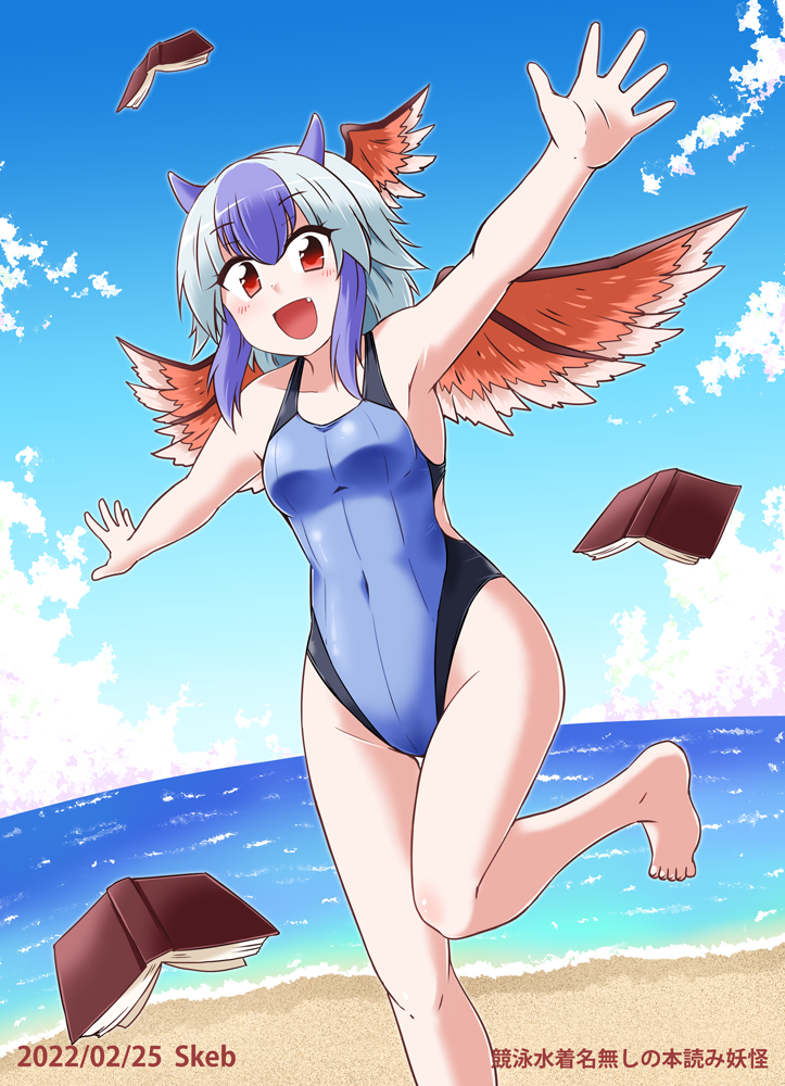 bangs barefoot bird_wings blue_hair competition_swimsuit covered_navel groin head_wings horns kousei_(public_planet) multicolored_hair one-piece_swimsuit red_eyes red_wings short_hair silver_hair single_head_wing swimsuit tokiko_(touhou) touhou two-tone_hair white_hair wings