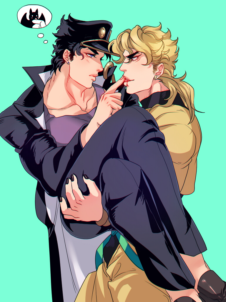 2boys black_hair blonde_hair blood blood_in_mouth carrying crotchless crotchless_pants dio_brando finger_sucking gakuran jacket jojo_no_kimyou_na_bouken kujo_jotaro less_end long_coat male_focus mullet multiple_boys muscular muscular_male pants princess_carry red_eyes school_uniform shirt stardust_crusaders tight tight_shirt yellow_jacket