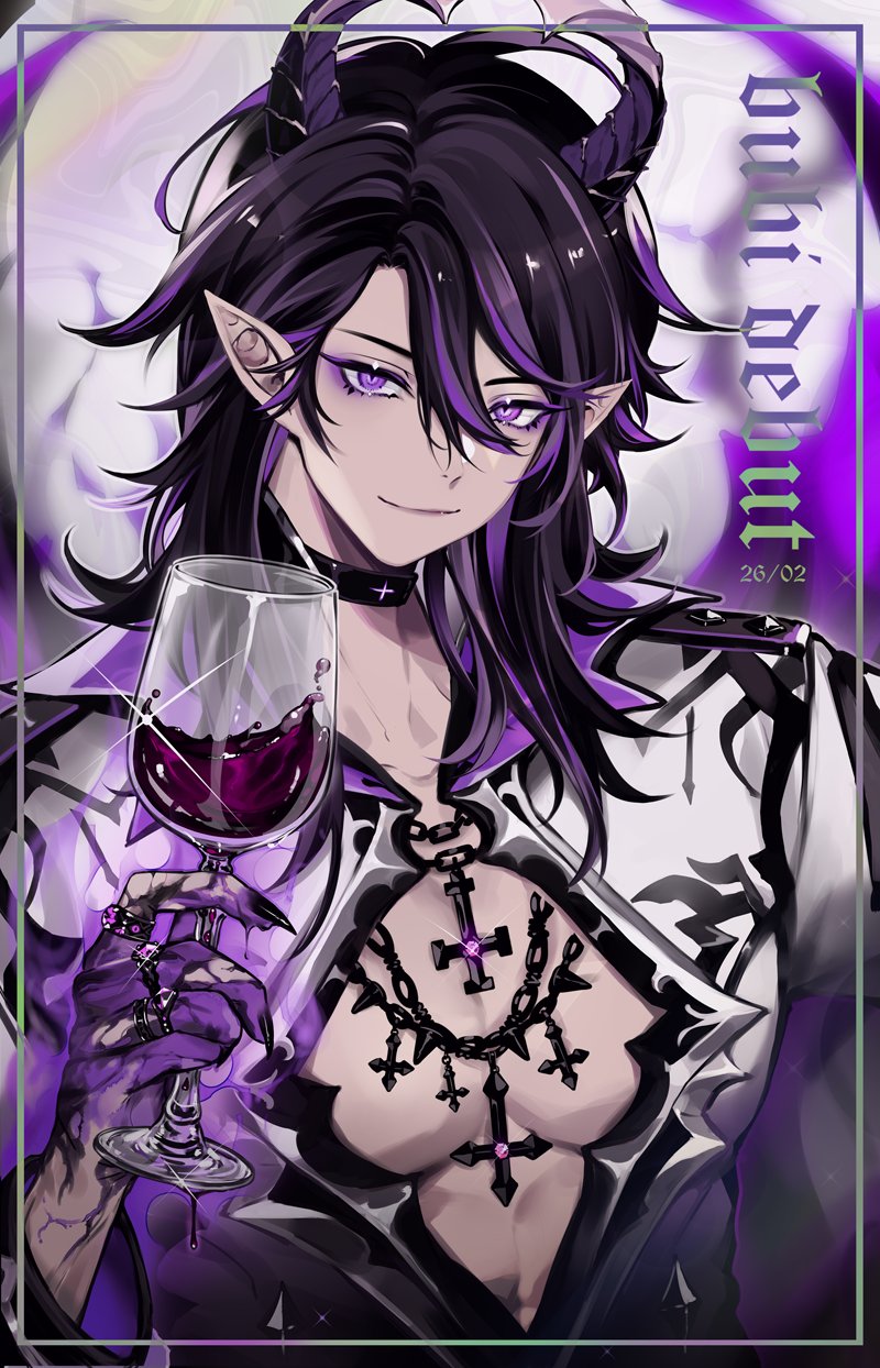 1boy black_collar black_hair bubi_(ironmouse) closed_mouth collar collarbone cup dated drinking_glass glass hair_between_eyes highres holding holding_cup jewelry long_sleeves looking_at_viewer male_focus medium_hair multicolored_hair pnkkr4mune pointy_ears purple_background red_wine ring solo streaked_hair violet_eyes virtual_youtuber vshojo wine_glass