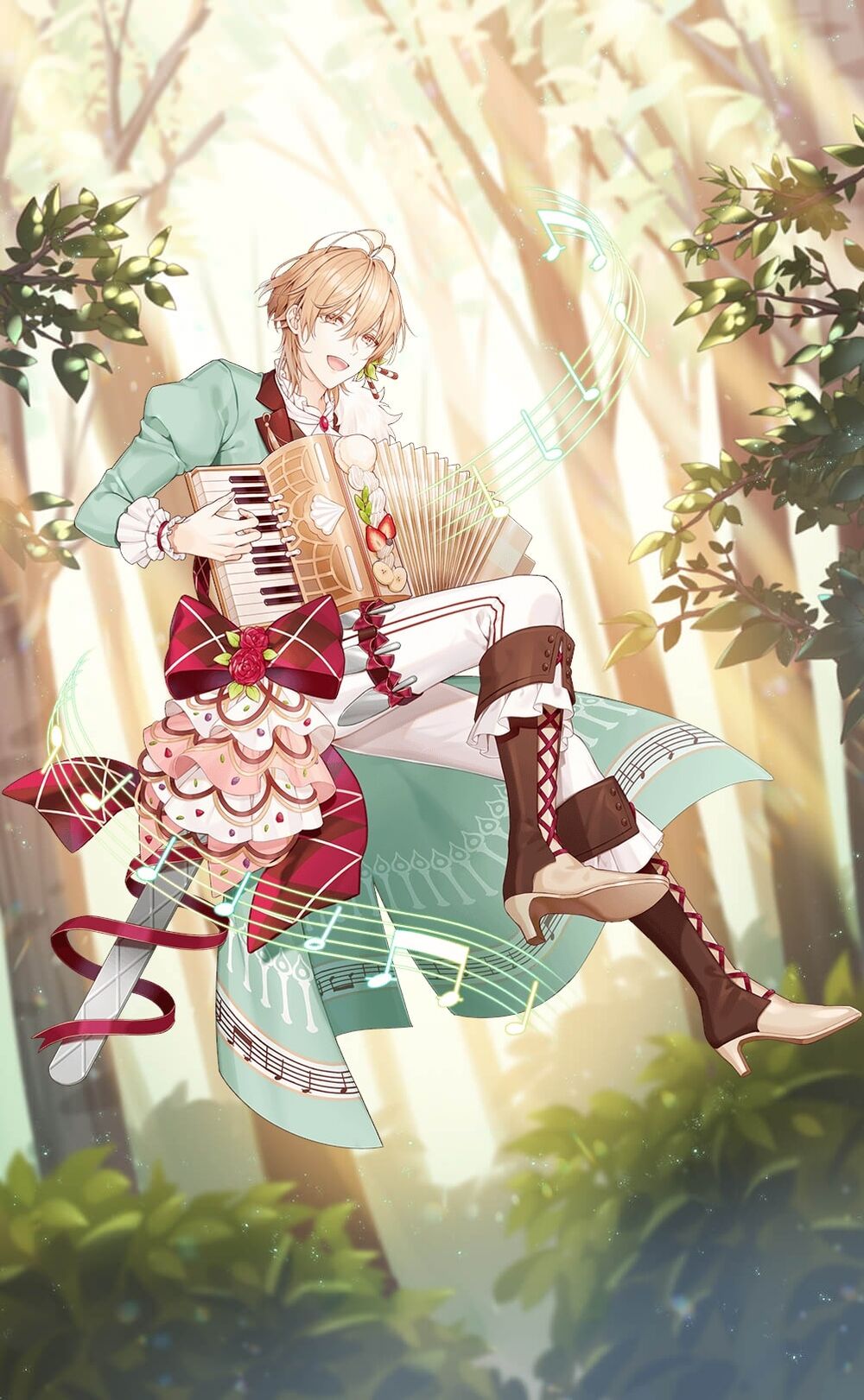 1boy accordion blonde_hair chiffon_cake_(food_fantasy) cocosuke earrings food_fantasy full_body highres holding holding_instrument instrument jewelry looking_at_viewer music musical_note official_art pale_skin playing_instrument second-party_source solo yellow_eyes