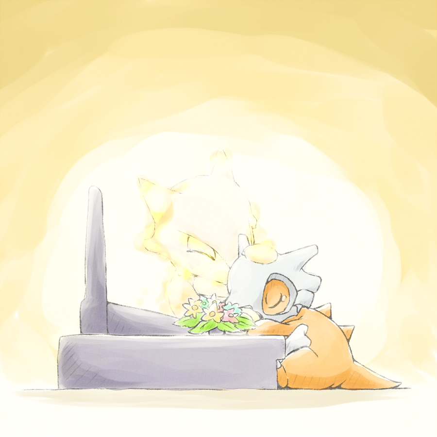 bone closed_eyes closed_mouth commentary_request cubone flower from_side ghost kinakomochi_(kazuna922) marowak mourning no_humans pokemon pokemon_(creature) sad sitting skull tearing_up tombstone yellow_flower