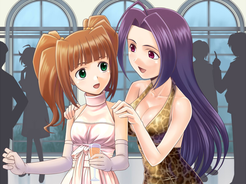 ahoge bare_shoulders breasts cleavage dress elbow_gloves glass gloves green_eyes idolmaster large_breasts leopard_print long_hair miura_azusa muhi11234 multiple_girls orange_hair purple_hair red_eyes takatsuki_yayoi twintails