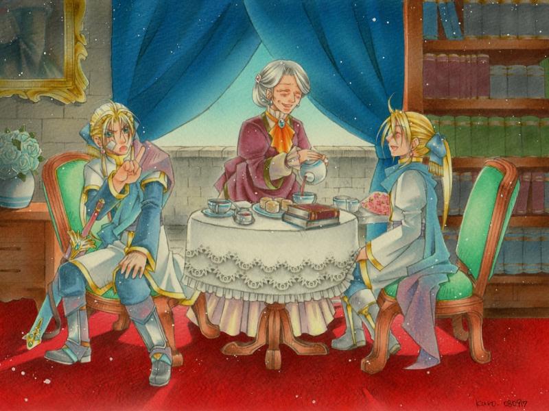 ahoge blonde_hair book boots brothers chair copics dress earrings edgar_roni_figaro closed_eyes final_fantasy final_fantasy_vi grey_hair hair_ribbon indoors jewelry kuro_inu_(red_noname_king) long_hair marker_(medium) mash_rene_figaro ponytail prieur_francesca ribbon sheathed siblings sitting smile sword table tea teacup teapot traditional_media twins weapon young