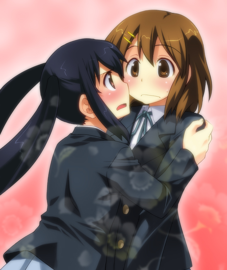 bad_id black_hair blush brown_eyes brown_hair hirasawa_yui hug k-on! long_hair multiple_girls nakano_azusa school_uniform short_hair twintails umekichi