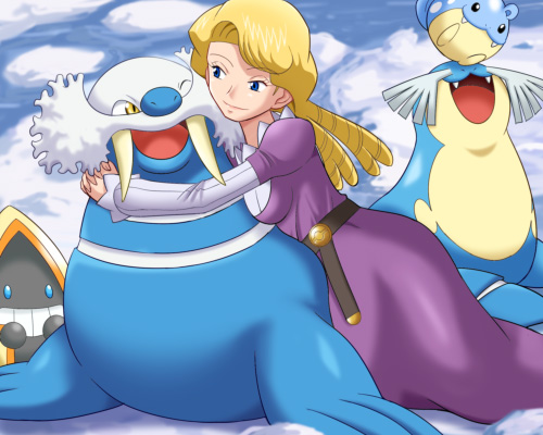 1girl blonde_hair blue_eyes breasts hug ice lowres pokemoa pokemon pokemon_(creature) pokemon_(game) pokemon_rse prim_(pokemon) sealeo snorunt spheal walrein