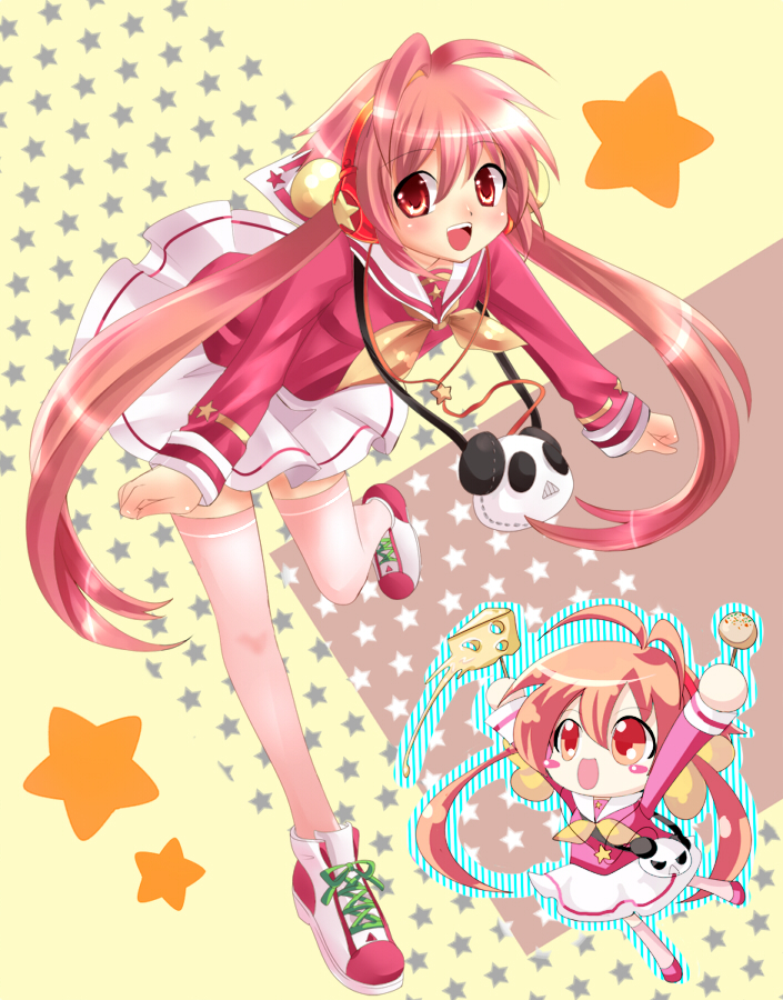 bag blush_stickers cheese flat_chest food headphones loli long_hair nagare open_mouth panda pink_eyes pink_hair skirt twintails