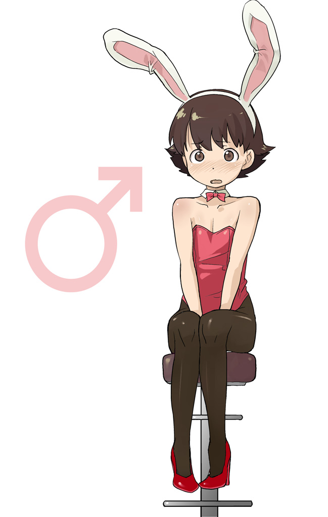 androgynous animal_ears blush brown_eyes brown_hair bunny_ears bunny_suit bunnysuit clothed crossdressing crossdressinging detached_collar embarrassed high_heels male mars_symbol ookamiuo pantyhose rabbit_ears short_hair sitting solo stool trap