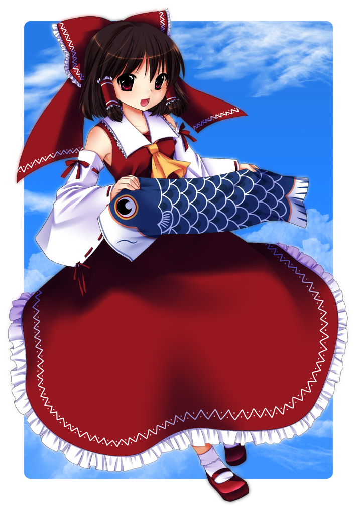 bow brown_hair comae_koga detached_sleeves hair_bow hakurei_reimu koga_yoshihisa red_eyes short_hair sky solo touhou