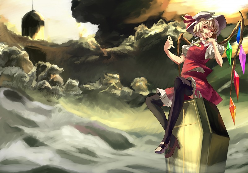 cloud coffin finger_to_mouth flandre_scarlet hat high_heels mary_janes ponytail red_eyes shoes short_hair side_ponytail sitting sitting_on_object thigh-highs thighhighs touhou wings yasumo_(artist) yasumo_(kuusouorbital)