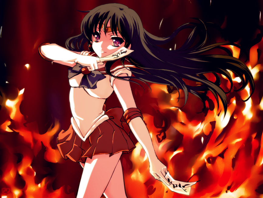 aill bishoujo_senshi_sailor_moon black_hair bow circlet earrings elbow_gloves fiery_background fire gloves hino_rei jewelry long_hair magical_girl ofuda pleated_skirt pose purple_eyes sailor_mars skirt smile solo star violet_eyes