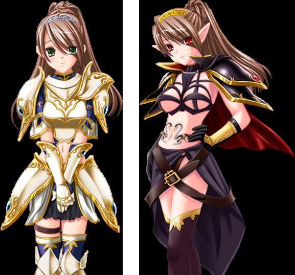 1girl armor before_and_after brown_hair dark_persona female knight long_hair midriff navel ponytail solo source_request tattoo thigh-highs transformation