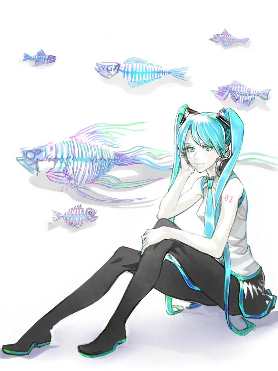 aqua_eyes aqua_hair fish hand_on_headphones hatsune_miku headphones headphones_around_neck highres legs long_hair necktie pantyhose sitting skeleton skirt smile solo touge36? touge_(kubiwa_tsuki) twintails very_long_hair vocaloid