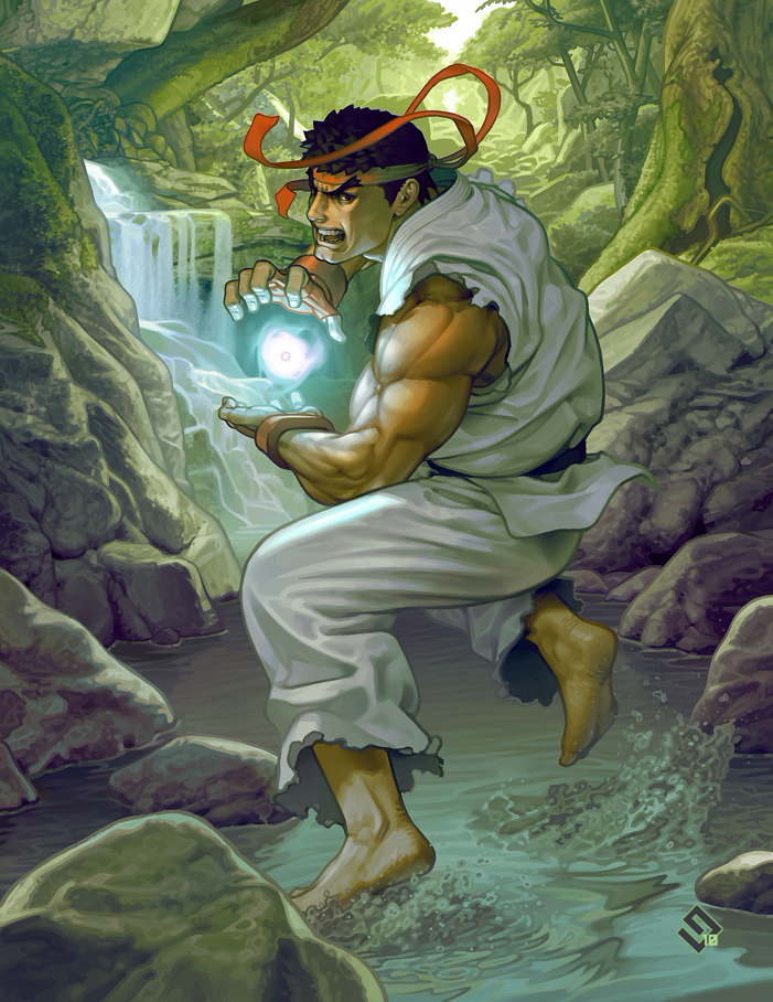 barefoot belt black_eyes black_hair dougi energy_ball fingerless_gloves forest gammon gloves hadouken headband male muscle nature open_mouth rock ryuu_(street_fighter) solo splash street_fighter tree wading water waterfall