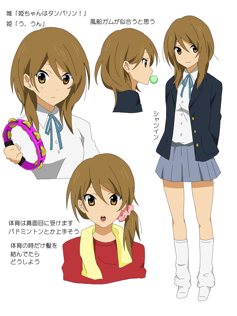 alternate_hairstyle bad_id blazer bubblegum character_sheet chounatsu extra instrument k-on! loose_socks school_uniform scrunchie side_ponytail socks tachibana_himeko tambourine translated