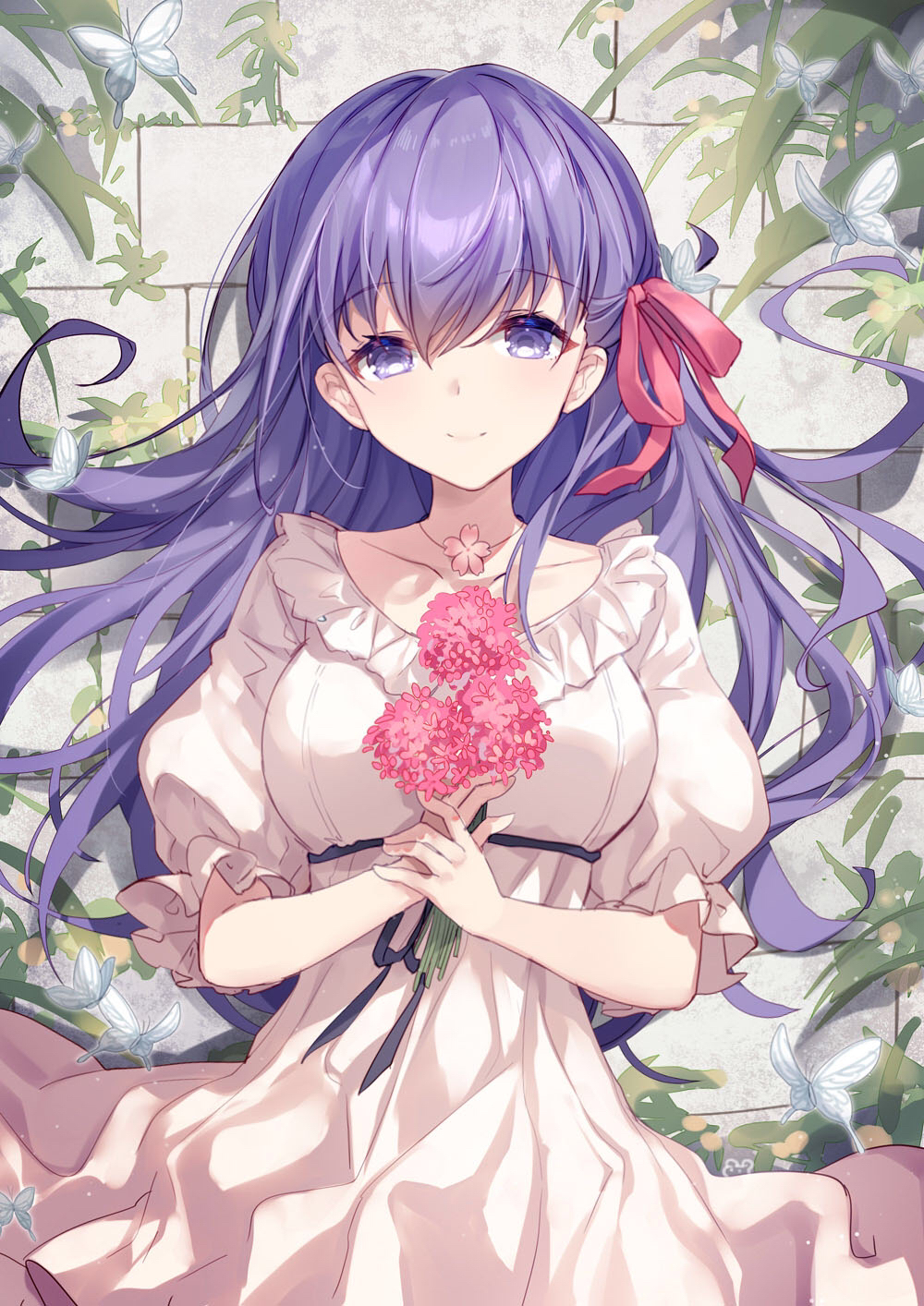 1girl animal bangs bison_cangshu breasts brick_wall bug butterfly closed_mouth collarbone commentary_request dress eyebrows_visible_through_hair fate/stay_night fate_(series) flower hair_between_eyes hair_ribbon highres holding holding_flower long_hair looking_at_viewer matou_sakura medium_breasts pink_flower puffy_short_sleeves puffy_sleeves purple_hair red_ribbon ribbon short_sleeves smile solo very_long_hair violet_eyes white_dress