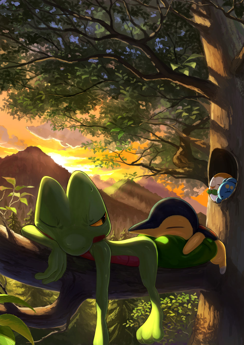 animal_focus backlighting black_eyes closed_eyes clouds colored_sclera commentary_request cyndaquil forest half-closed_eye highres in_tree karamimame looking_at_another looking_back manaphy mountain nature no_humans one_eye_closed orange_sky outdoors pokemon pokemon_(creature) rowlet sky sleeping sunrise sweat tree treecko yellow_sclera
