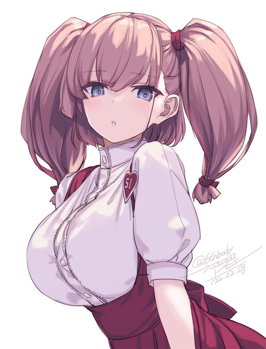 1girl alternate_costume artist_name atlanta_(kancolle) breasts brown_hair dated grey_eyes high-waist_skirt highres kantai_collection large_breasts long_hair parted_lips red_skirt rokuwata_tomoe shirt short_sleeves signature simple_background skirt solo twitter_username two_side_up upper_body white_background white_shirt
