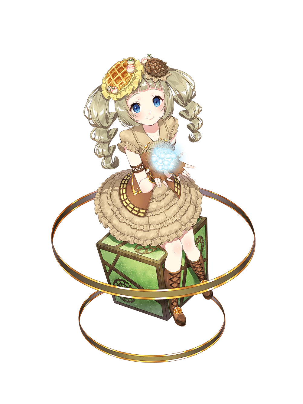 1girl blue_eyes dress food food_fantasy full_body highres looking_at_viewer looking_up official_art pale_skin second-party_source smile twintails waffle waffle_(food_fantasy) wavy_hair