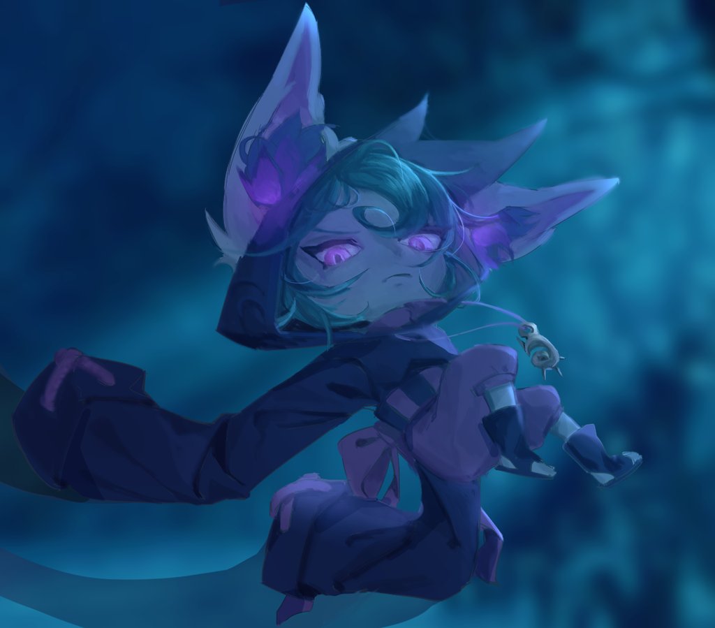 1girl animal_ear_fluff bangs black_robe blurry blurry_background bow closed_mouth green_hair hood hood_up jewelry league_of_legends lisan_(vexnalrum) long_sleeves necklace pants pink_eyes shiny shiny_hair solo vex_(league_of_legends) yordle