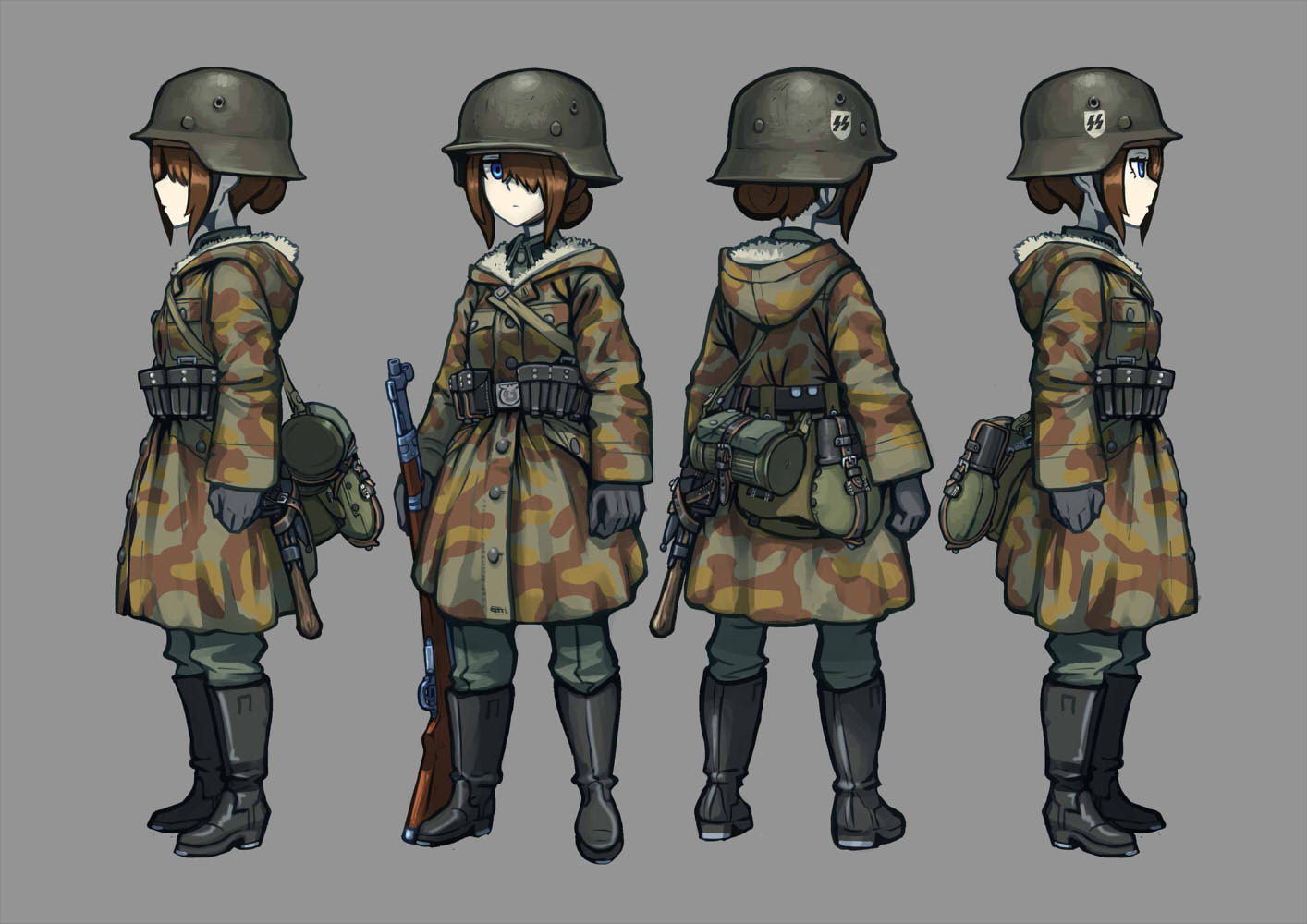 1girl belt black_footwear black_gloves blue_eyes boots brown_hair camouflage_coat canteen commission erica_(naze1940) full_body fur_trim gloves green_pants grey_background gun hair_bun hair_over_one_eye helmet medium_hair military_helmet multiple_views original pants rifle simple_background ss_insignia stahlhelm weapon world_war_ii