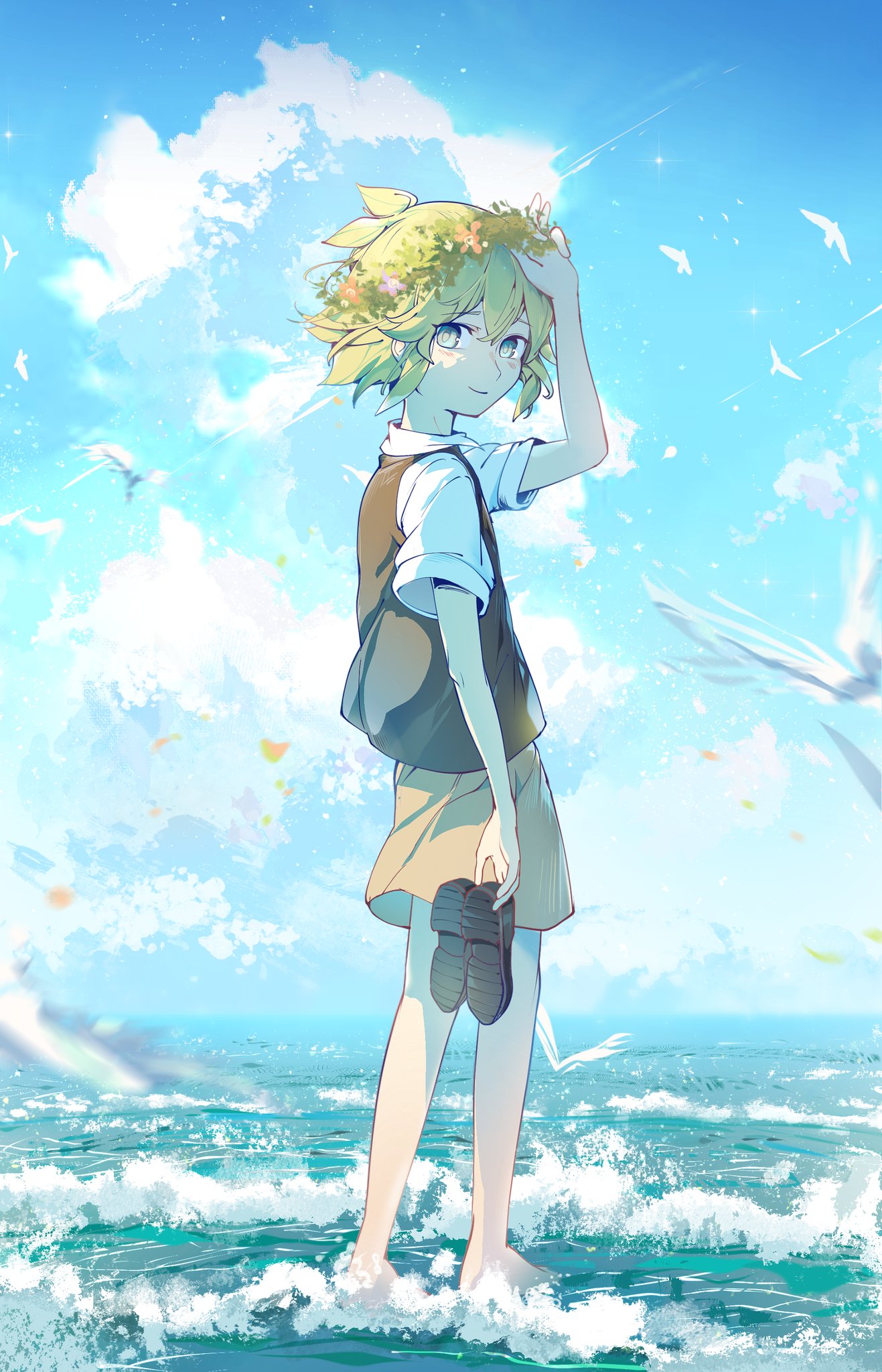 1boy arm_behind_back arm_up barefoot basil_(omori) bird blonde_hair blue_sky brown_footwear brown_vest closed_mouth clouds cloudy_sky day english_commentary eyebrows_visible_through_hair flower flower_wreath from_behind full_body hair_between_eyes hand_in_hair highres holding holding_shoes looking_at_viewer looking_back male_focus ocean omori orange_flower outdoors pink_flower seagull shirt shoes short_hair short_sleeves sky smile solo standing vest wading waves white_shirt zs_zealsummer