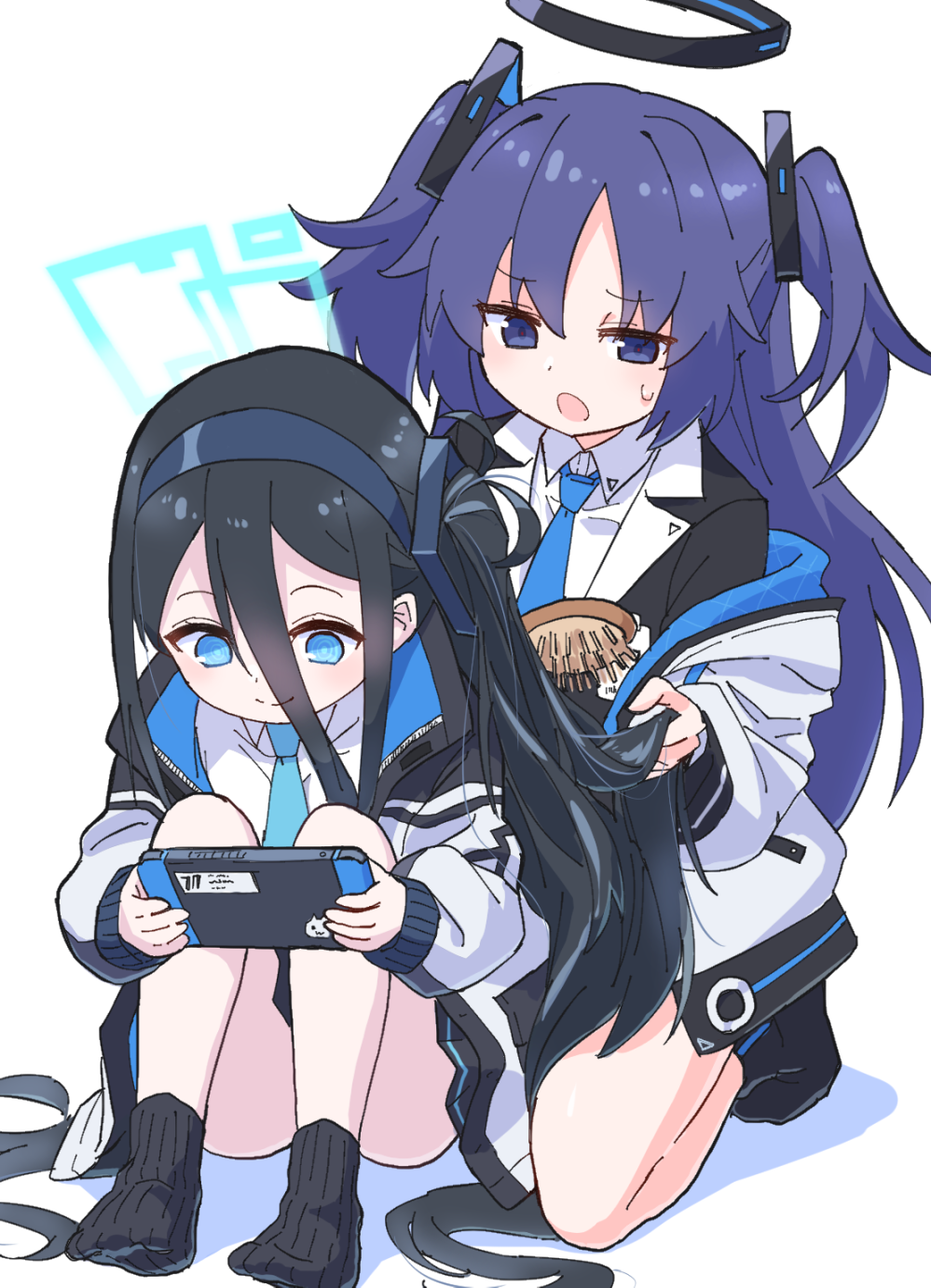 2girls aqua_eyes arisu_(blue_archive) black_hair black_legwear black_skirt blue_archive collared_shirt comb combing dress_shirt game_console hairband handheld_game_console highres holding holding_hair jacket kneeling long_hair looking_at_another multiple_girls necktie off_shoulder open_mouth paskmel pleated_skirt purple_hair shadow shirt side_ponytail sidelocks simple_background sitting skirt socks suit_jacket sweat twintails very_long_hair violet_eyes white_background yuuka_(blue_archive)
